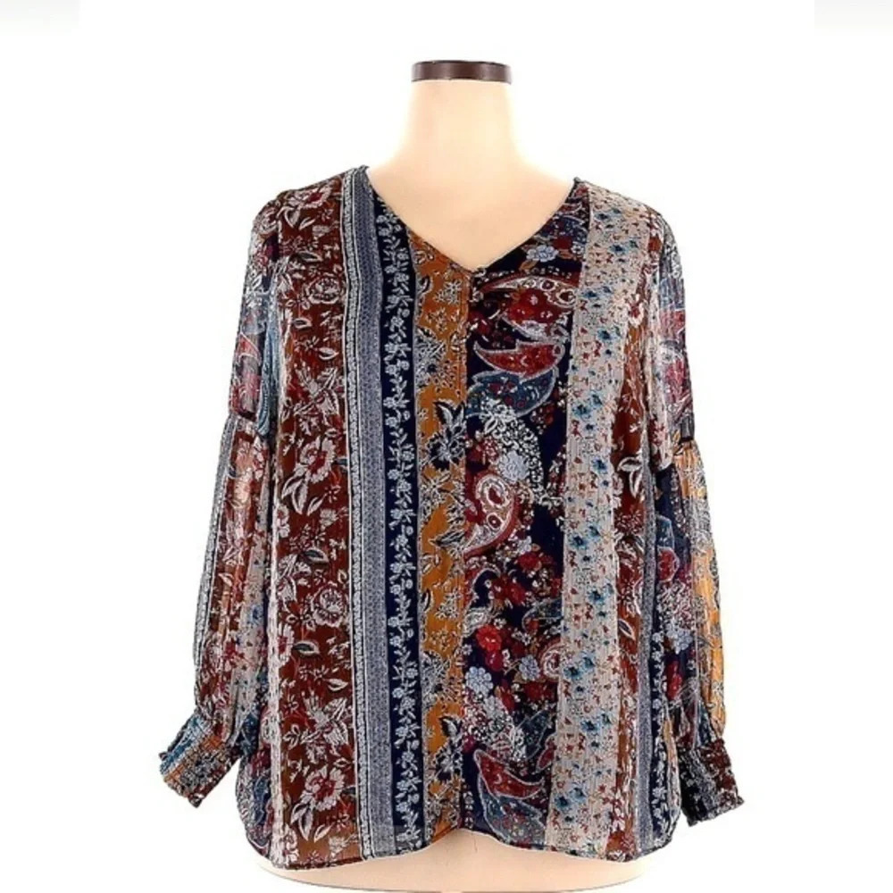 DressBarn Multicolor Paisley Floral Colorful Bohemian Long Puffy Sleeves Size 2X